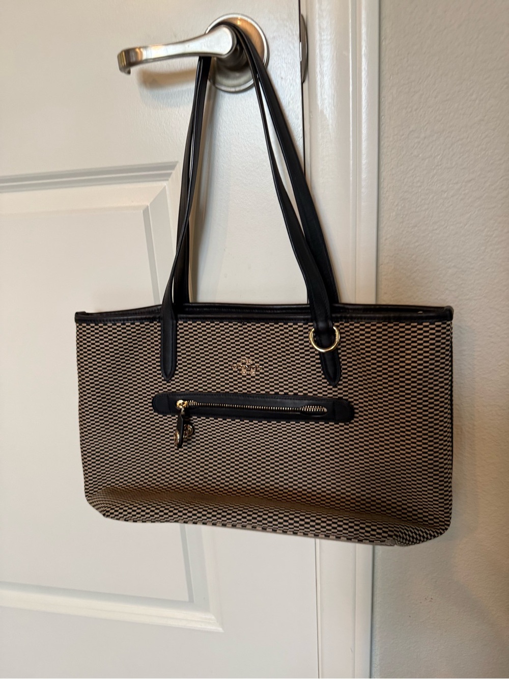 Coach Black and Beige Woven Shoulder Tote